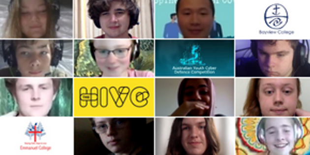 Collage of students over video call with college logos