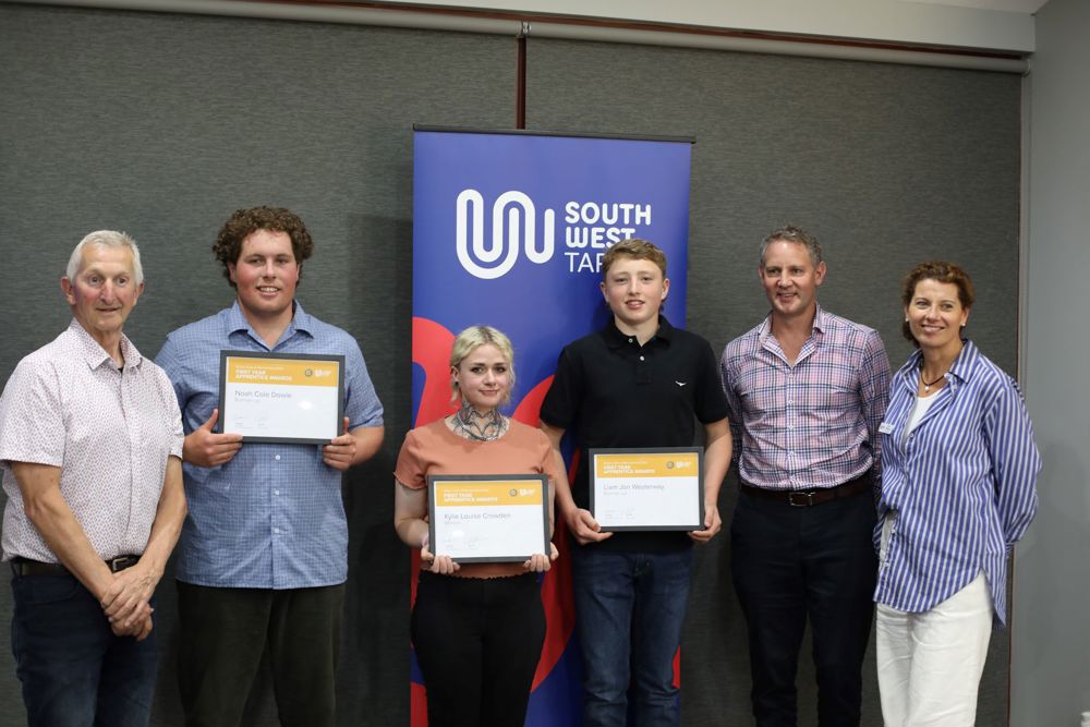 Rotary Club of Warrnambool East President Peter Mentha, First Year Apprentice Award Runner-up Noah Dowie, First Year Apprentice Award Winner Kye Crowden, First Year Apprentice Award Runner-up Liam Westerway, South West TAFE CEO Mark Fidge, and South West TAFE Executive Manager of Student Experience Susan Pettigrew.